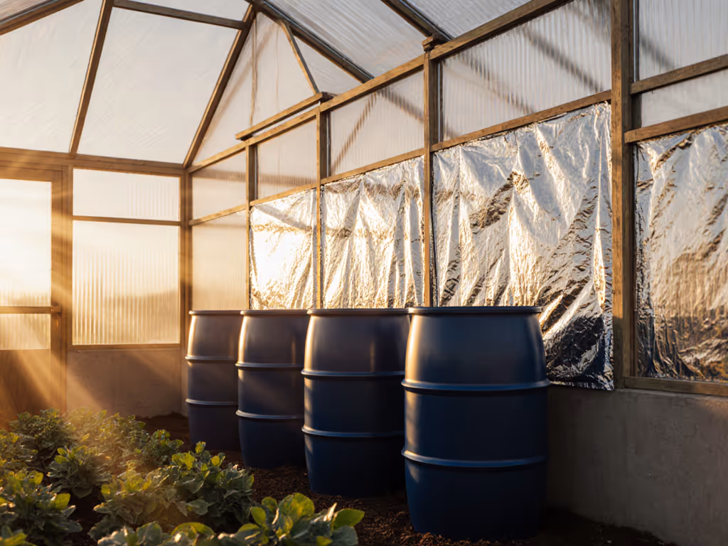 thermal_mass_greenhouse_water_barrels_against_north_wall_with_reflective_foil