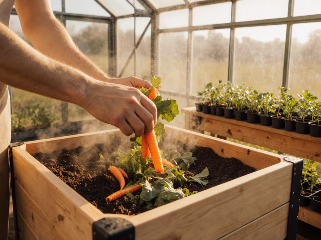 hand_placing_kitchen_scraps_into_compost_bin_connected_to_greenhouse_structure